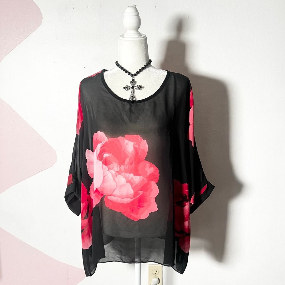 Black Sheer Batwing Top XL Pink Floral Gothic Grunge Whimsigoth